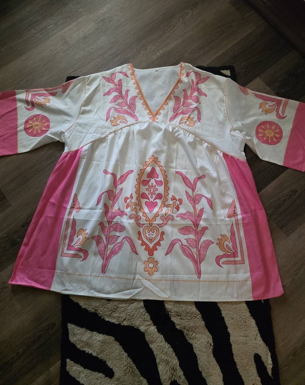 Pink & Cream Boho Embroidered V Neck Half Sleeve Babydoll Dress